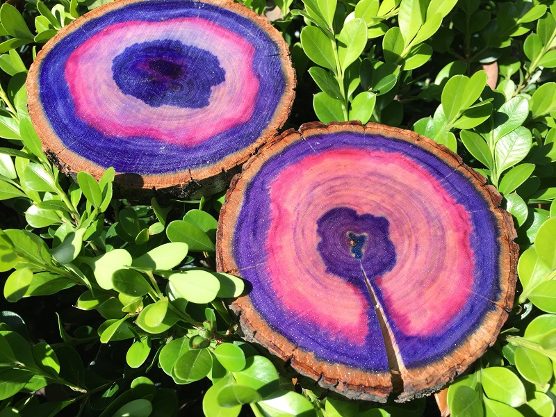 Learn how to make Ultra Violet Faux Agates on a wood slice with Tombow Dual Brush Pens, the Tombow Mister and Tombow MONO Aqua Liquid Glue