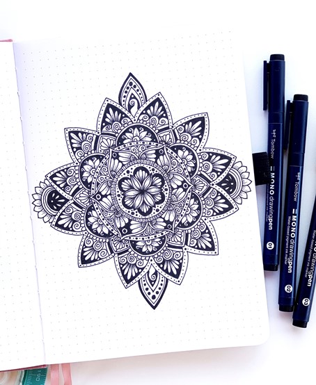 First attempt on black paper with white pen.  Mandala art therapy, Mandala  art lesson, Mandala artwork