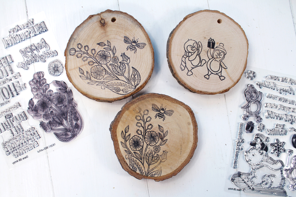 Stamped Wood Slice Ornaments Using Dare 2B Artzy Stamp- Natalie Shaw