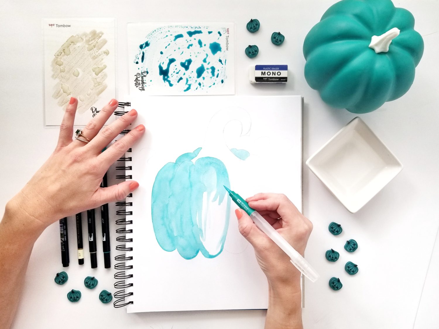 Create a Teal Pumpkin sign using @tombowusa Dual Brush Pens, and let trick-or-treaters know you have non-food treats available! By @graceannestudio.