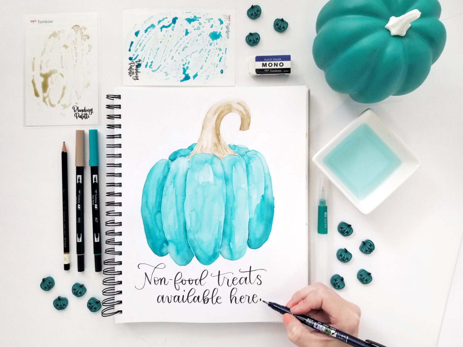 Create a Teal Pumpkin sign using @tombowusa Dual Brush Pens, and let trick-or-treaters know you have non-food treats available! By @graceannestudio.