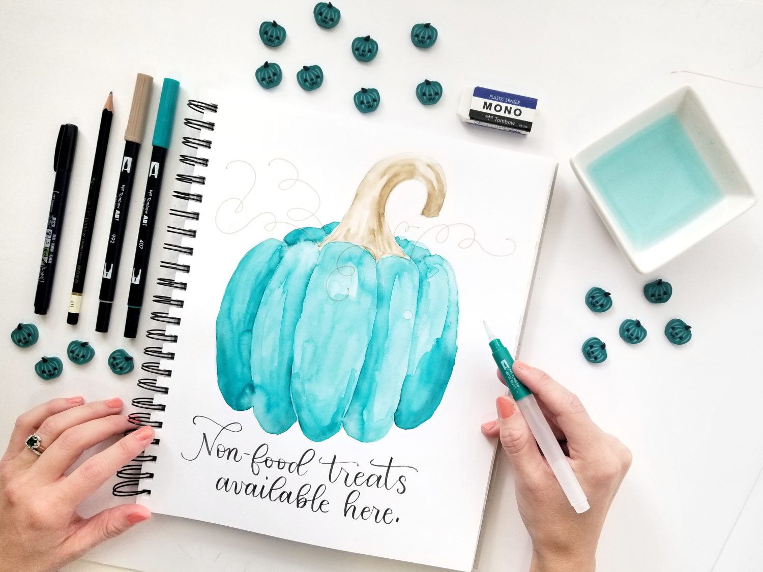 Create a Teal Pumpkin sign using @tombowusa Dual Brush Pens, and let trick-or-treaters know you have non-food treats available! By @graceannestudio.