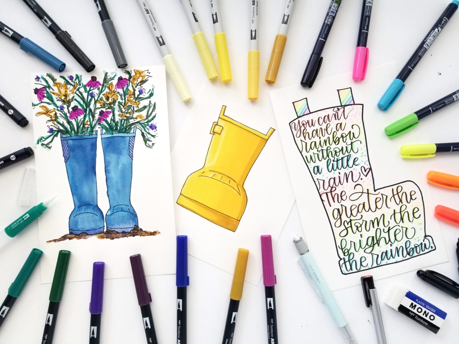 Learn to draw rain boots three different ways using your favorite @tombowusa products with @graceannestudio!