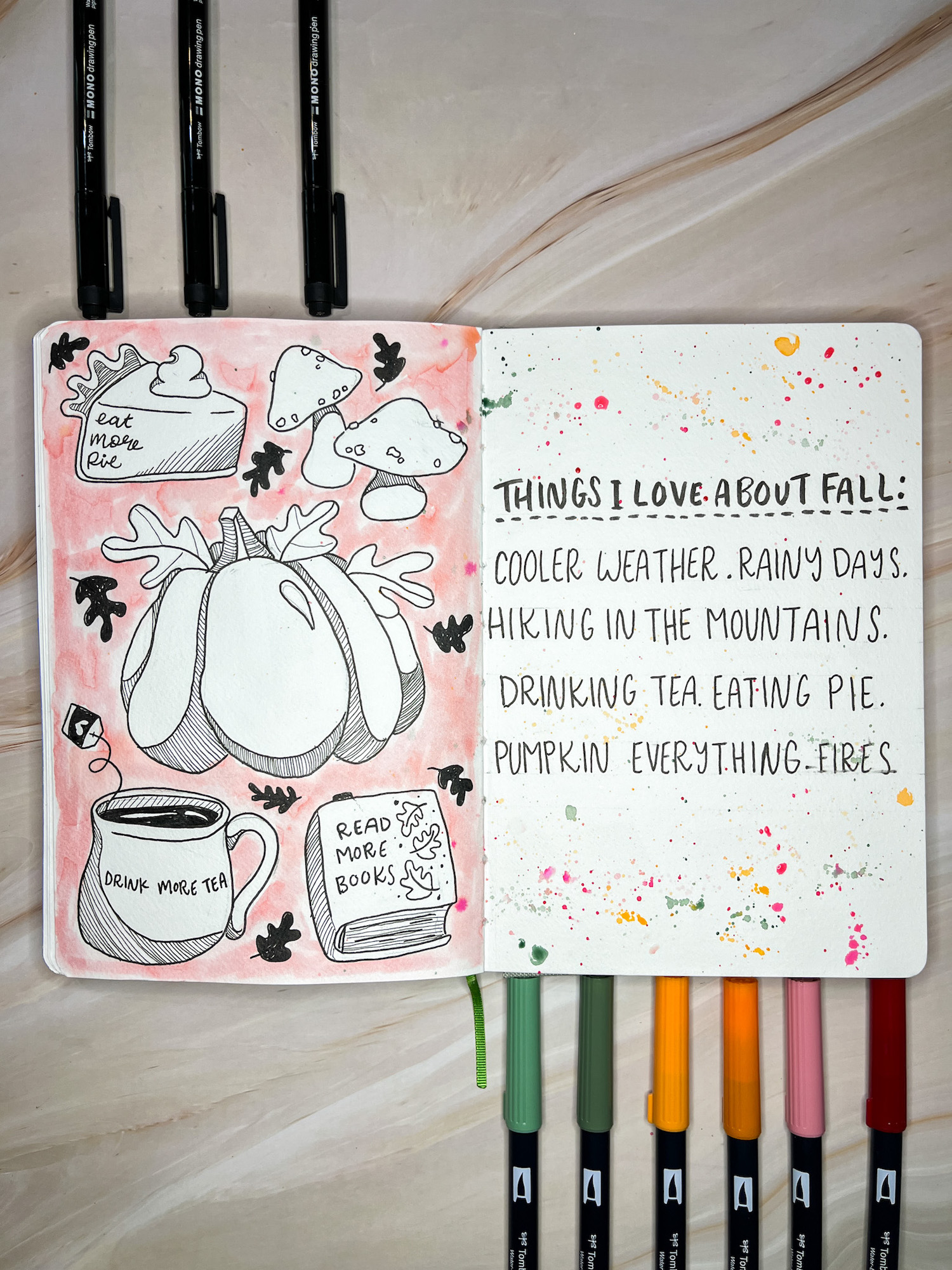 Create a Fall Inspired Journal Spread using @tombowusa Dual Brush Pens and MONO Drawing Pens following this tutorial by @studiokatie