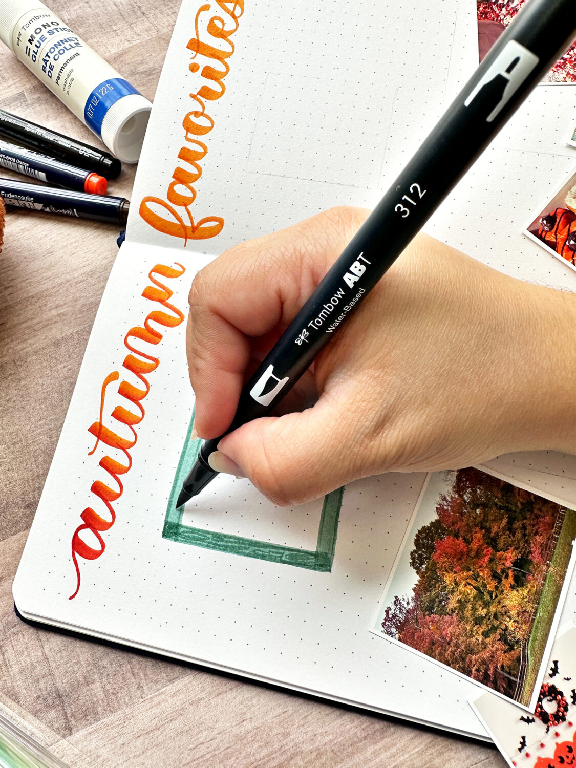 Use the Tombow Dual Brush Pens to create the frames. Go over the main frame with lines to create a woodgrain pattern. Line the frame with the Tombow MONO Drawing Pen and add little circles as screws. #tombow #journaling