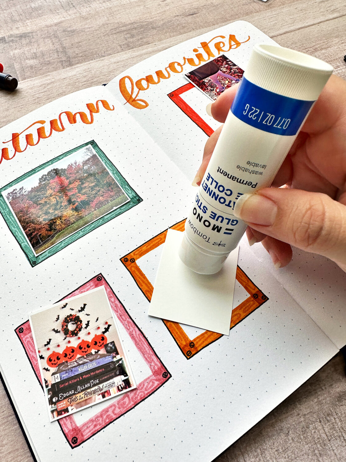 Use an adhesive to add your photos or die cuts. For papers and photos the best adhesives to use are adhesive runners or glue sticks. In these pages, I used the Tombow MONO Glue Stick. #tombow
