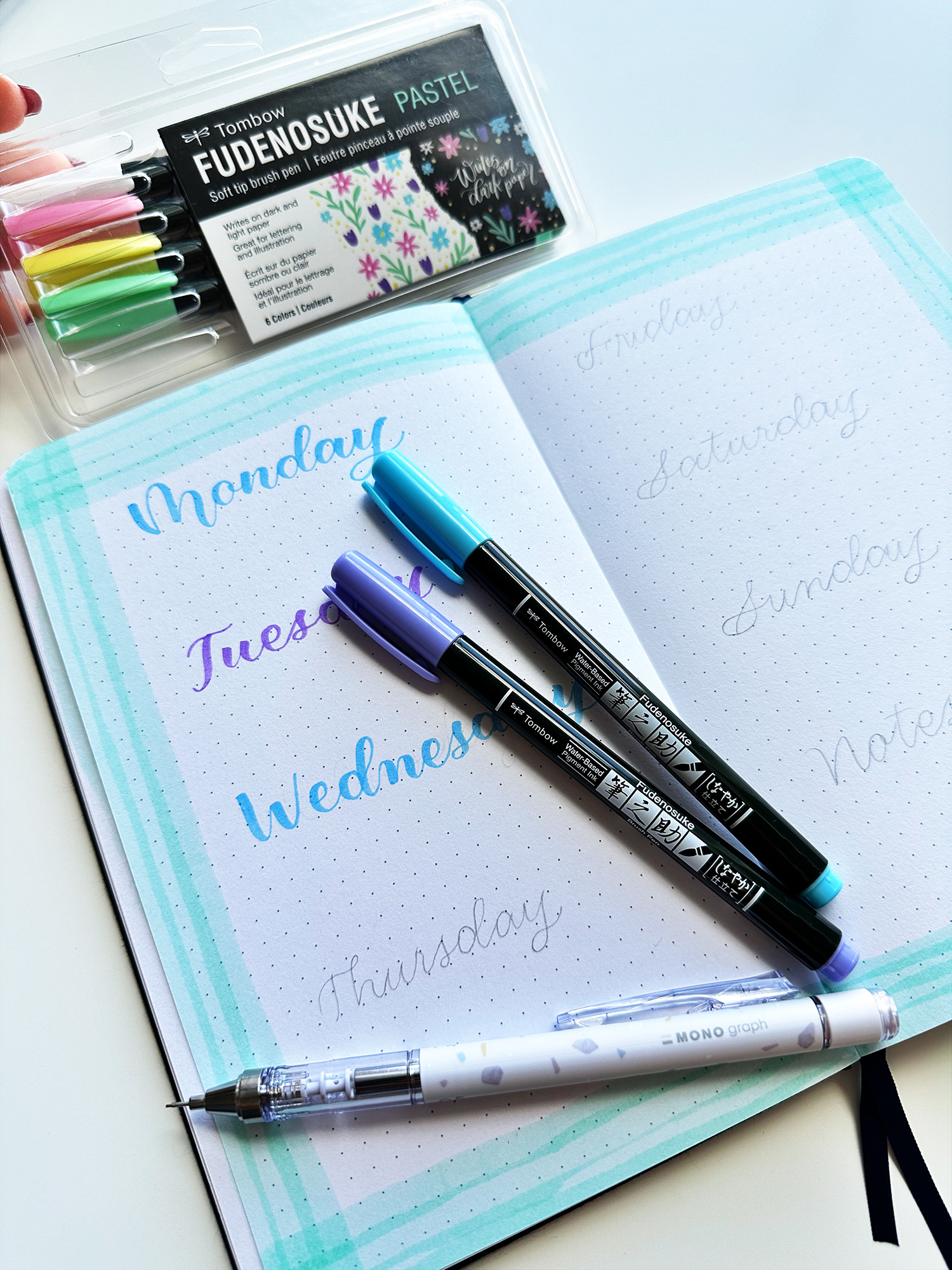 Use a pencil to lightly sketch the days of the week. Then use an eraser to make the pencil marks even lighter. To letter the days, I used the Tombow Fudenosuke Pastel Brush Pens. Let the ink dry and then use an eraser to erase any remaining eraser lines. #tombow #journaling
