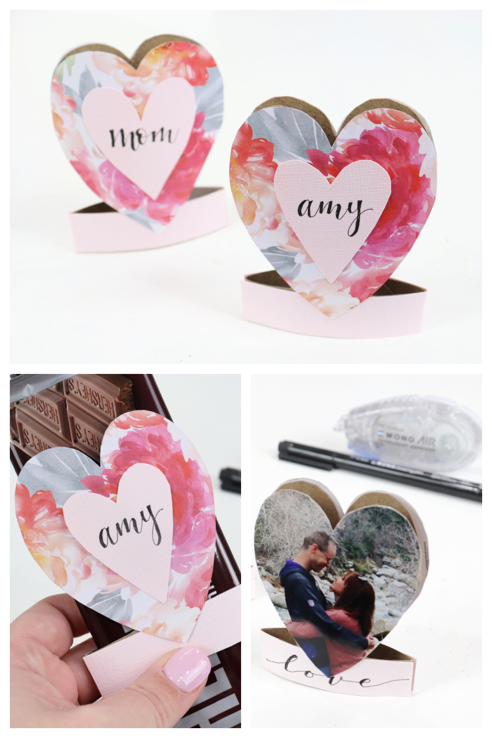 Image is a collage of finished project photos showing a toilet paper roll turned into a heart shaped candy bar sleeve.
