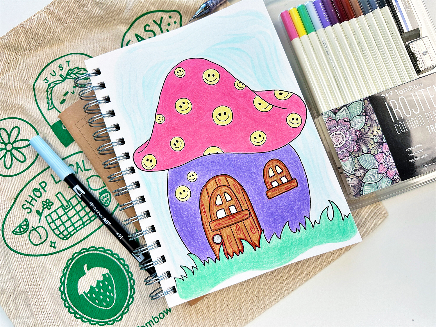 Create a whimsical mushroom illustration using the Tombow Irojiten Colored Pencils! #tombow #coloredpencils