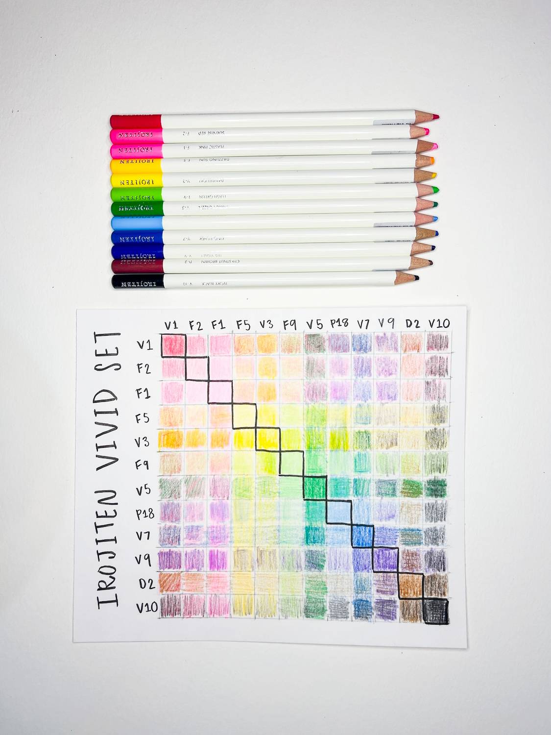 a color chart with 70+ shades showing how you can layer @tombowusa Irojiten Colored Pencils