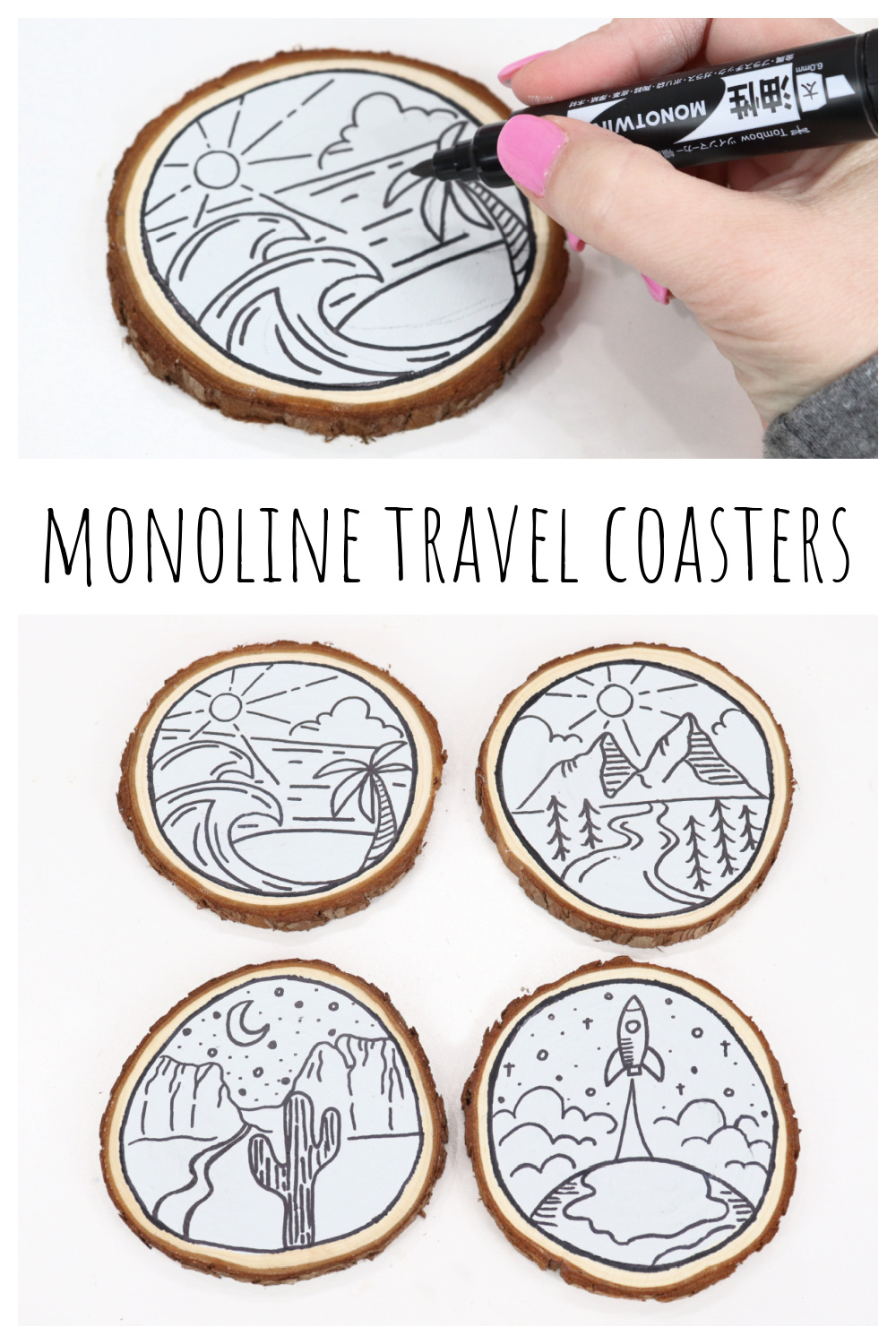 Image is a collage of photos of the finished projects, along with the words, “Monoline Travel Coasters” intended for Pinterest.