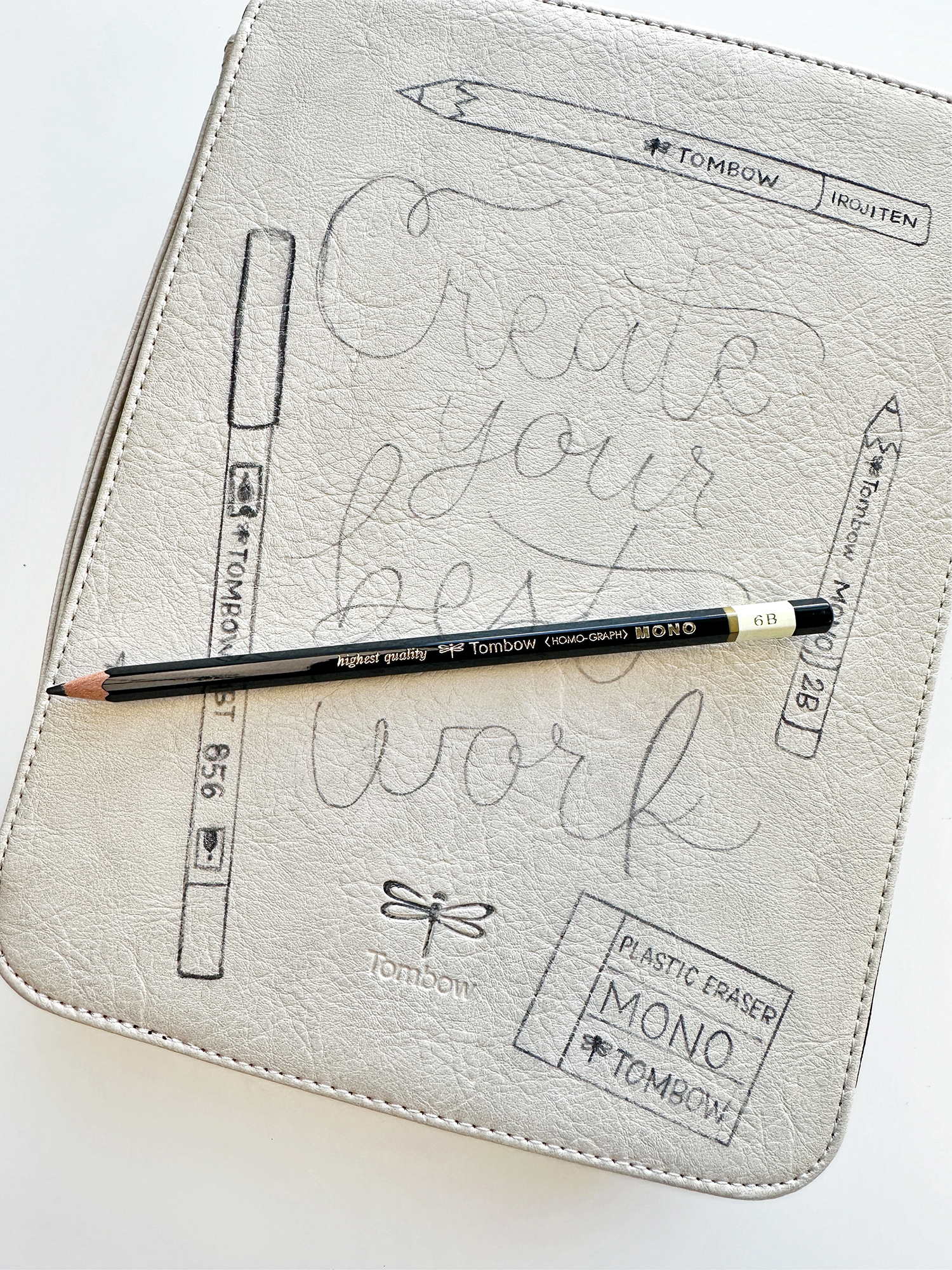 Use a pencil to sketch the idea on the Tombow Zippered Marker Storage Case. I used the 5B Tombow MONO Drawing Pencil because the B pencils have darker and looser graphite. The H pencil wouldn't be dark enough and it could scratch the Tombow Zippered Marker Storage Case. #tombow #doodling