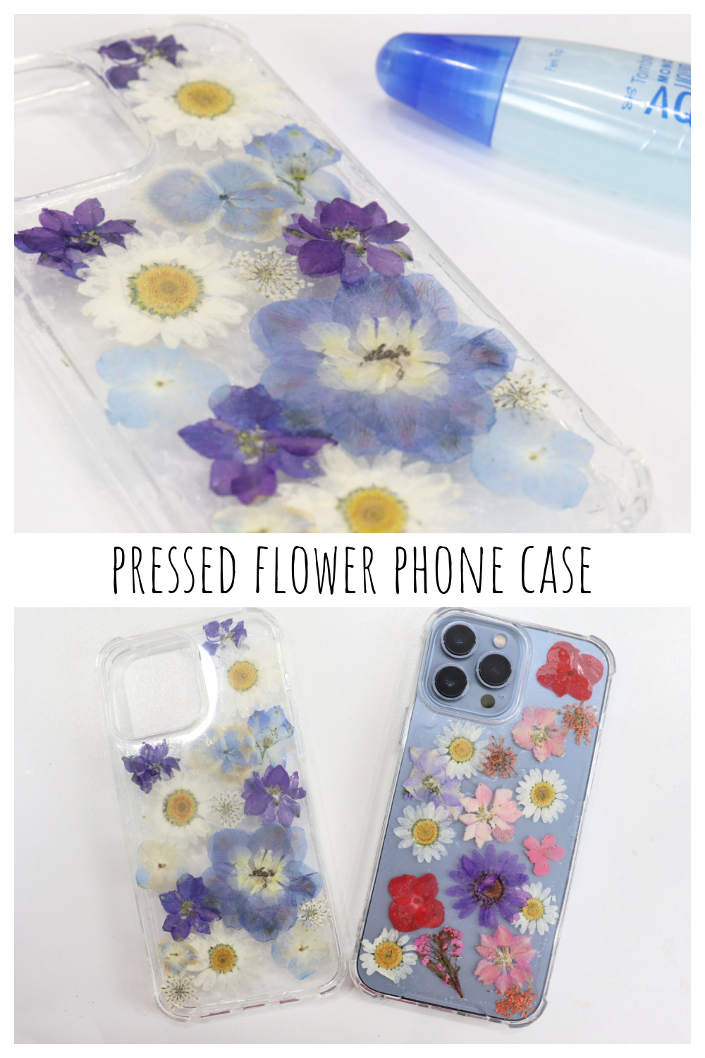 Use pressed flowers to decorate a clear phone case and make a natural spring craft with @amylattacreations. Image is a collage of project photos designed for Pinterest.