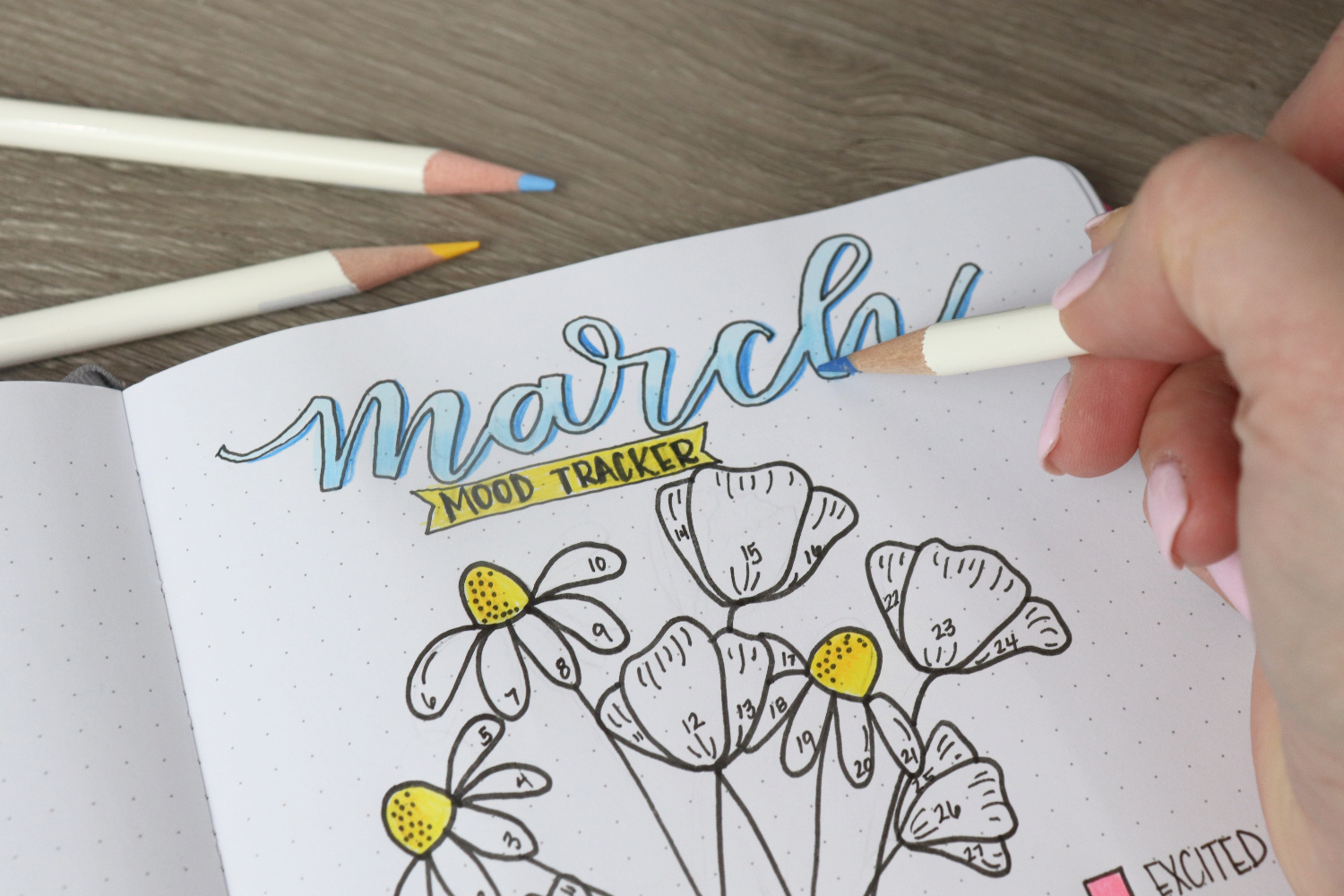 Image contains an open sketchbook with a floral mood tracker drawn in the center of the page. The word “March” is hand lettered across the top and Amy’s hand holds a blue colored pencil to add shading to the word. Two other Irojiten colored pencils sit on the wooden desk near the sketchbook.