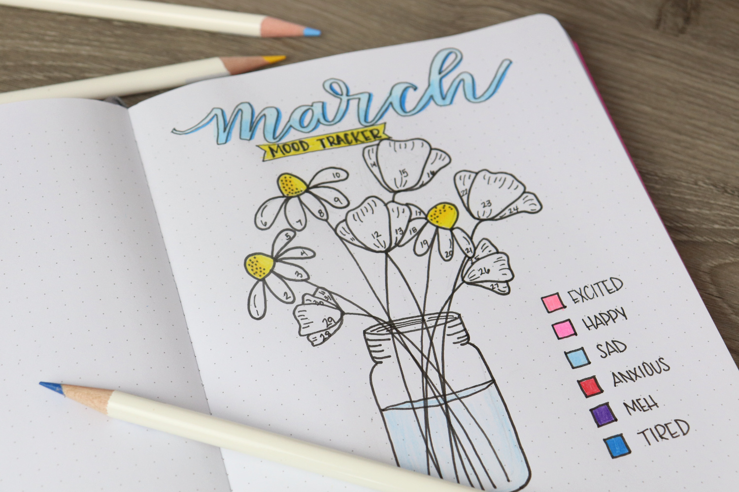 Image contains an open sketchbook with a floral mood tracker page. Three colored pencils lay around the page on a wooden desk.