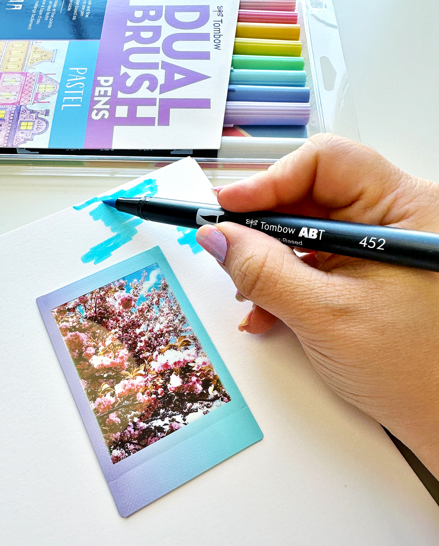 For a background saturated with color, scribble on the whole page with the Tombow Dual Brush Pens. #tombow #spring