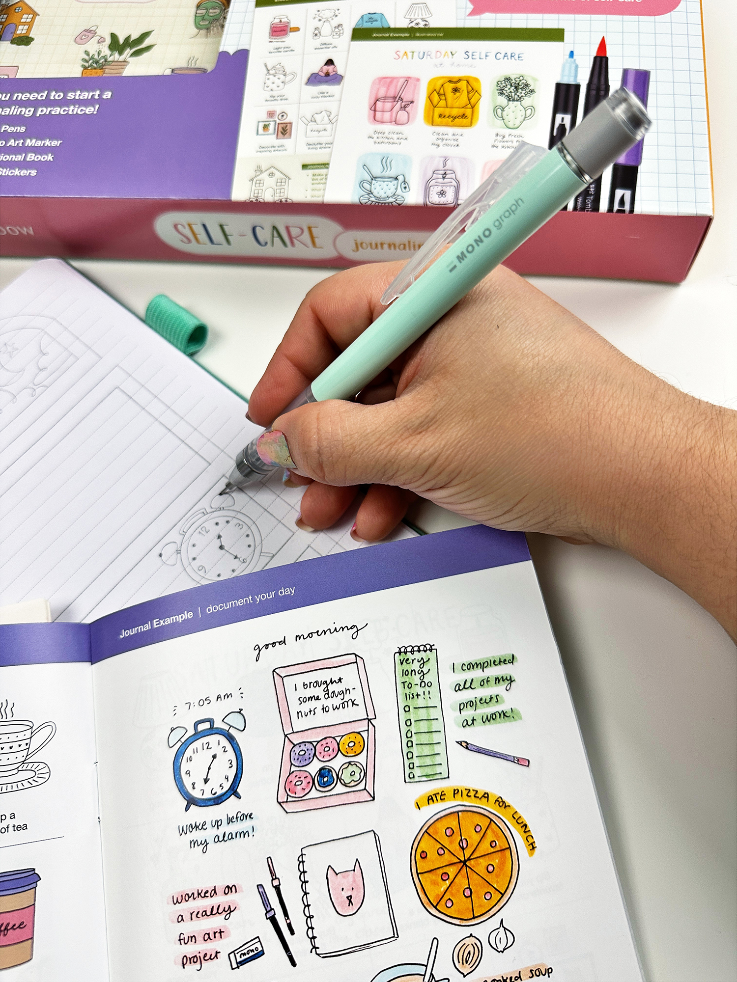 Use the Tombow Self-Care Journaling Kit booklet as inspiration to make a few drawings on the bookshelf. #tombow #readingjournal