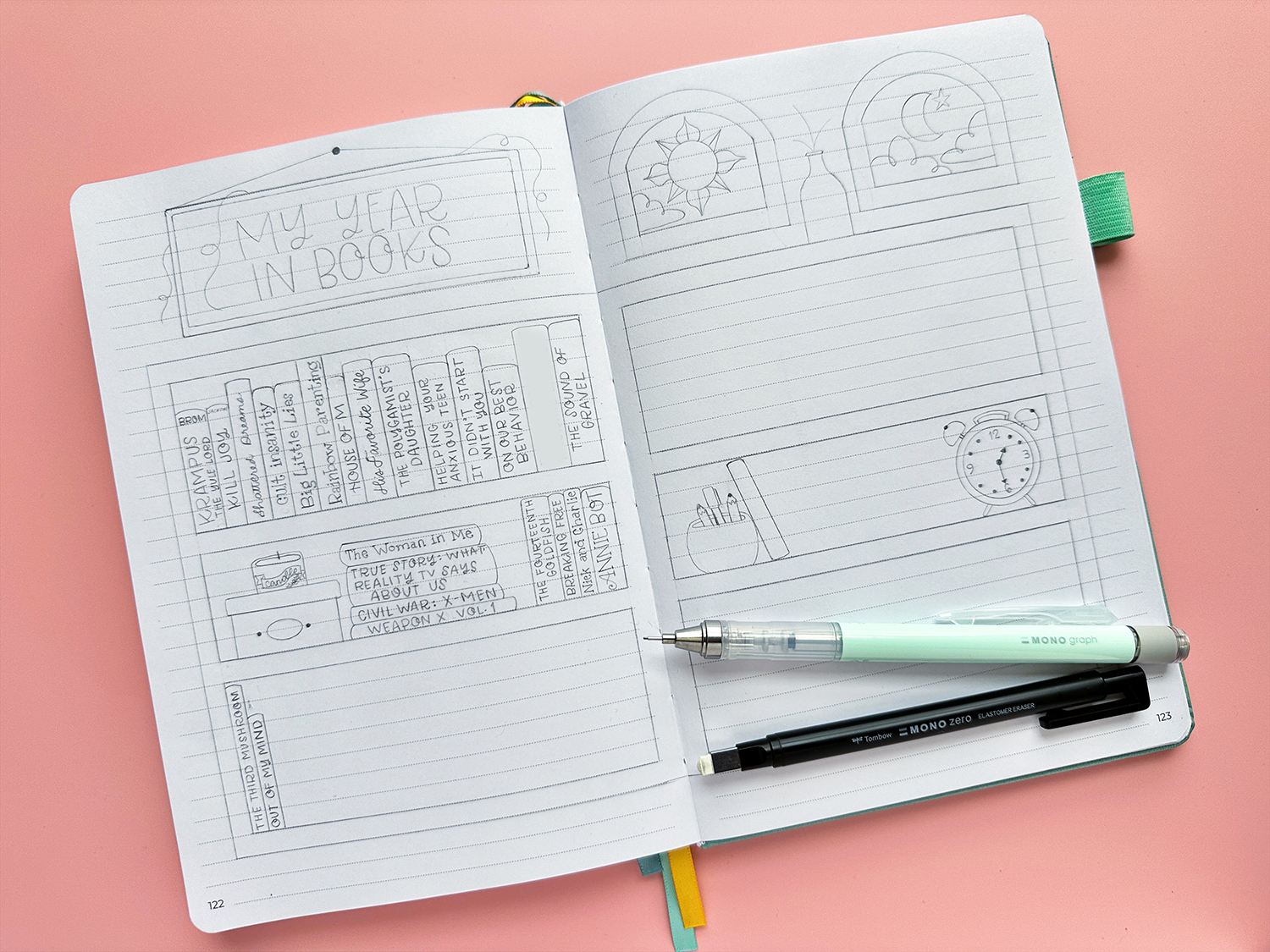 Draw a bookshelf to document the books you've read this year. #tombow #readingjournal