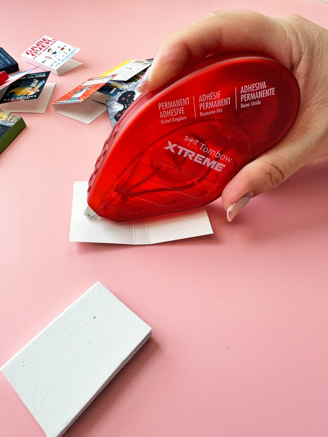To put the foam pages on the book, first use the Tombow Xtreme Adhesive on the spine and then add adhesive on the back of the covers. Line the pages on the spine, and then close the book.  #tombow #reading