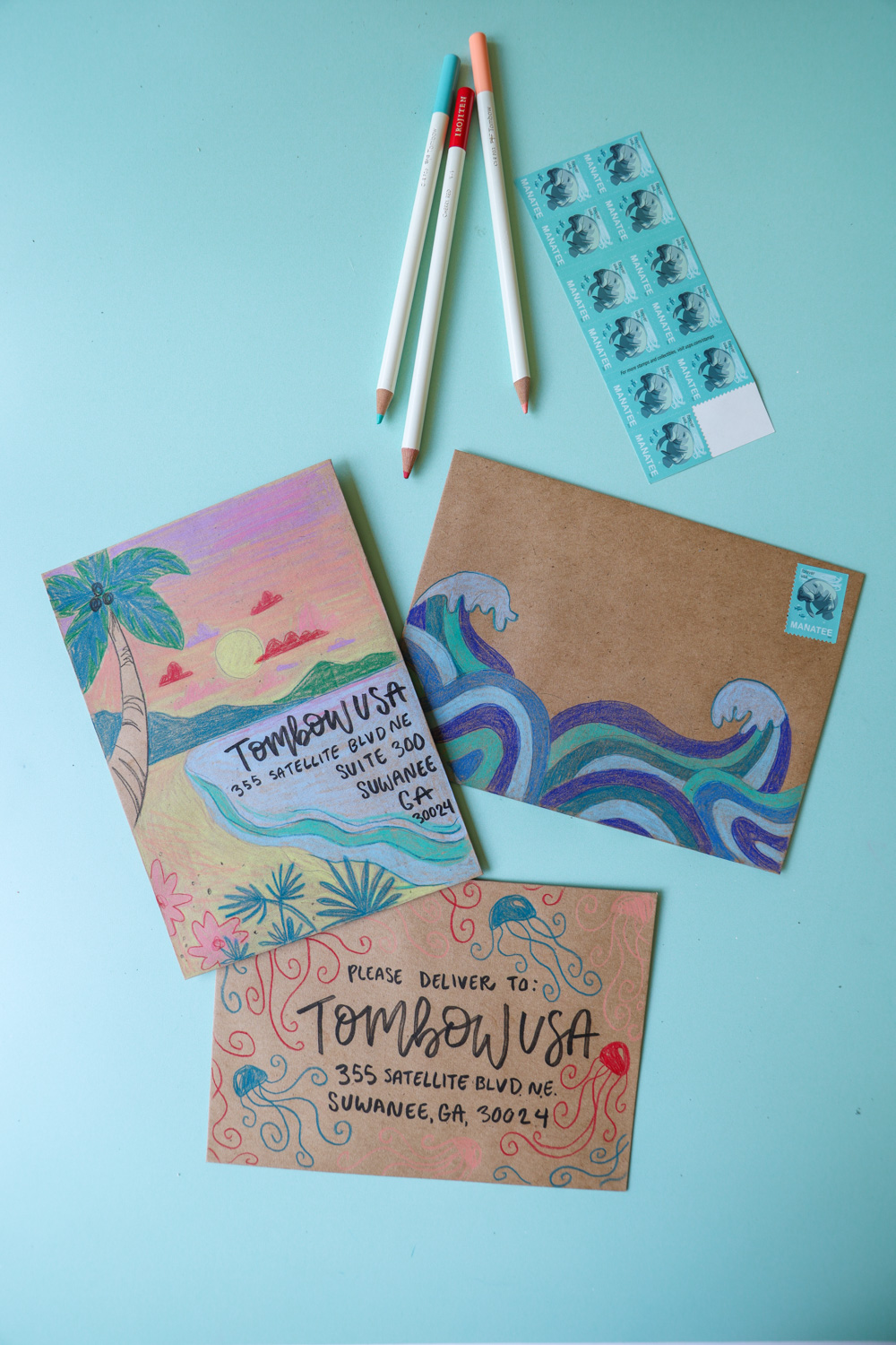 Summer Envelope Art using Irojiten Colored Pencils on the @tombowusa blog
