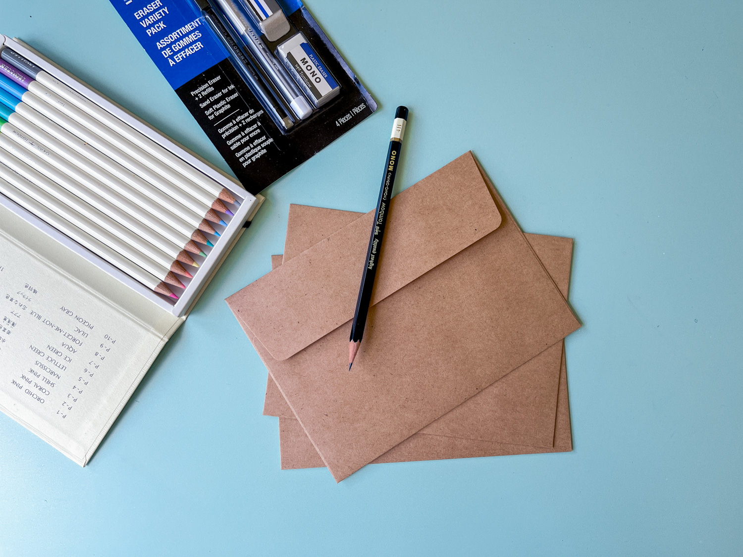 supplies you'll need: irojiten colored pencils, kraft paper envelopes, mono drawing pencils, and the eraser variety pack