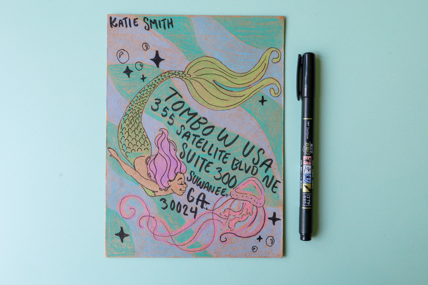 Summer Envelope Art featuring a cute mermaid and addressed with a @tombowusa Fudenosuke Brush Pen