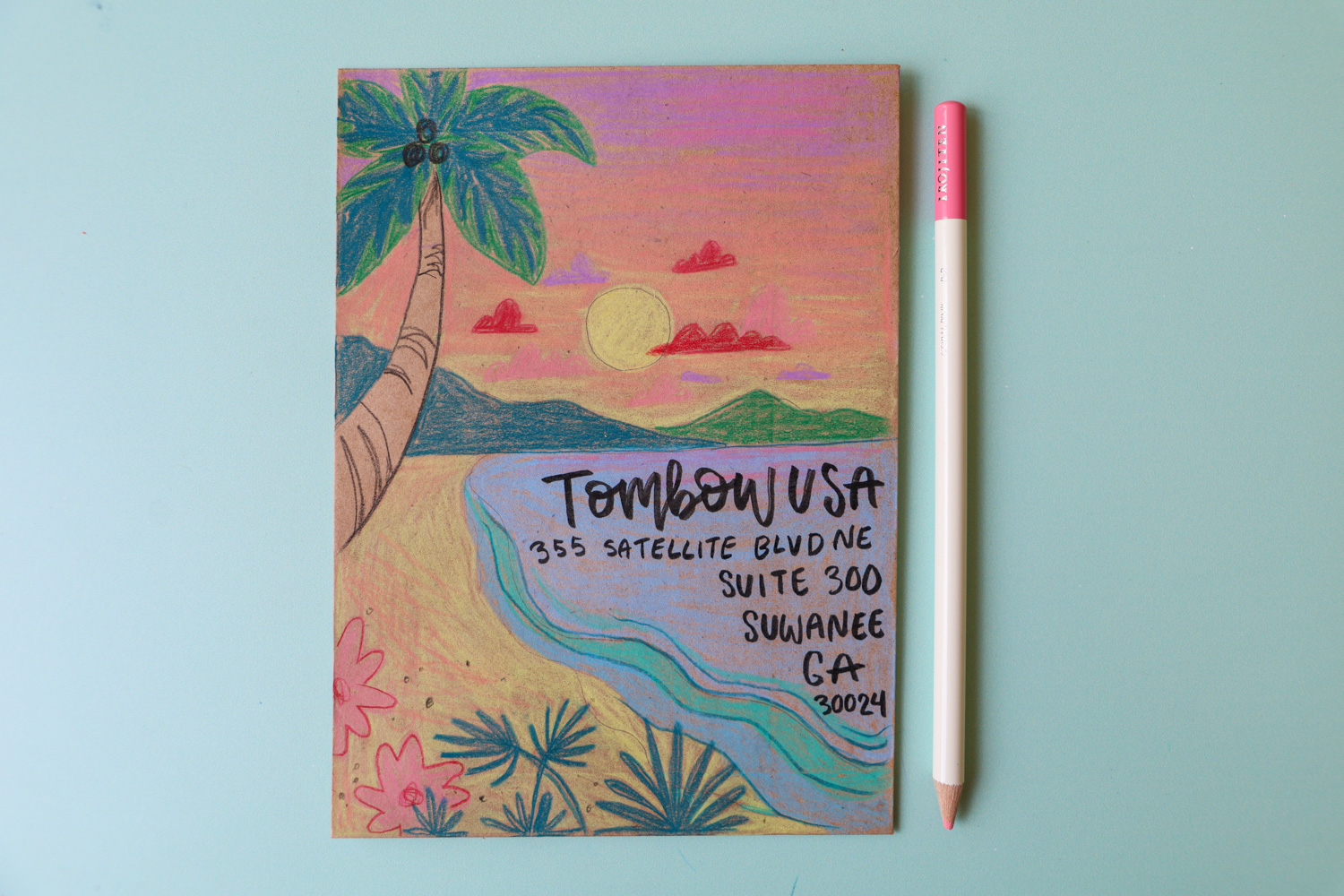 Vertical envelope featuring a landscape drawn with @tombowusa Irojiten Colored Pencils