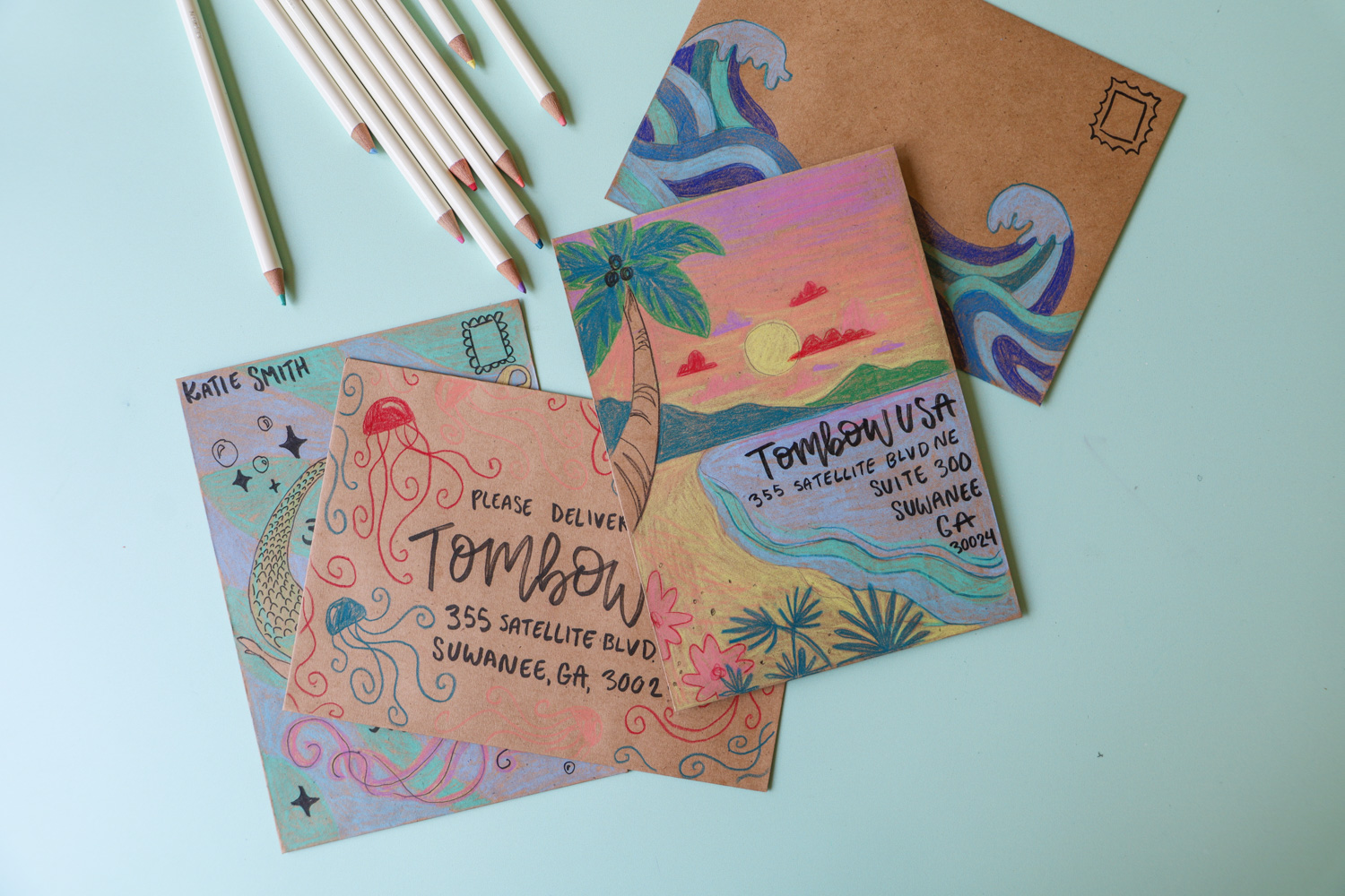 Cute Summer Envelope Art: mermaid, jellyfish, a landscape, and waves