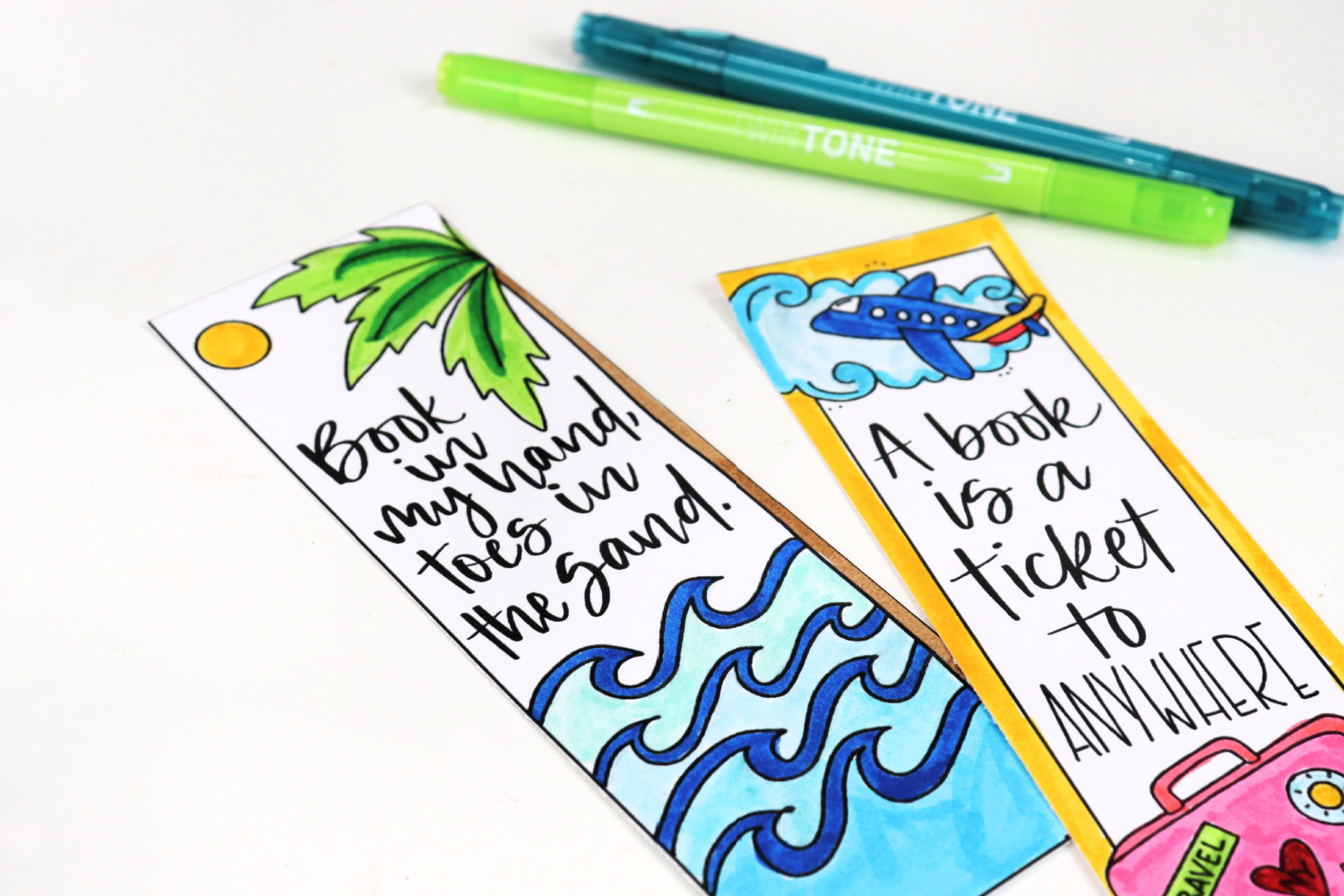 Image contains two colored summer themed bookmarks on a white background, with two markers (green and blue) nearby.