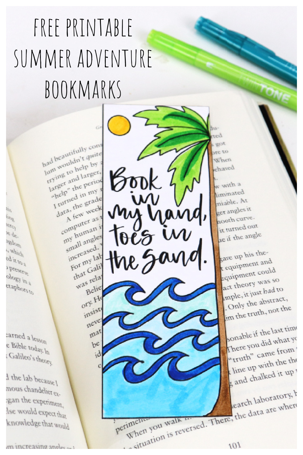 Image contains a colorful beach themed bookmark on top of a book page. Two markers sit nearby. This image is intended for Pinterest.