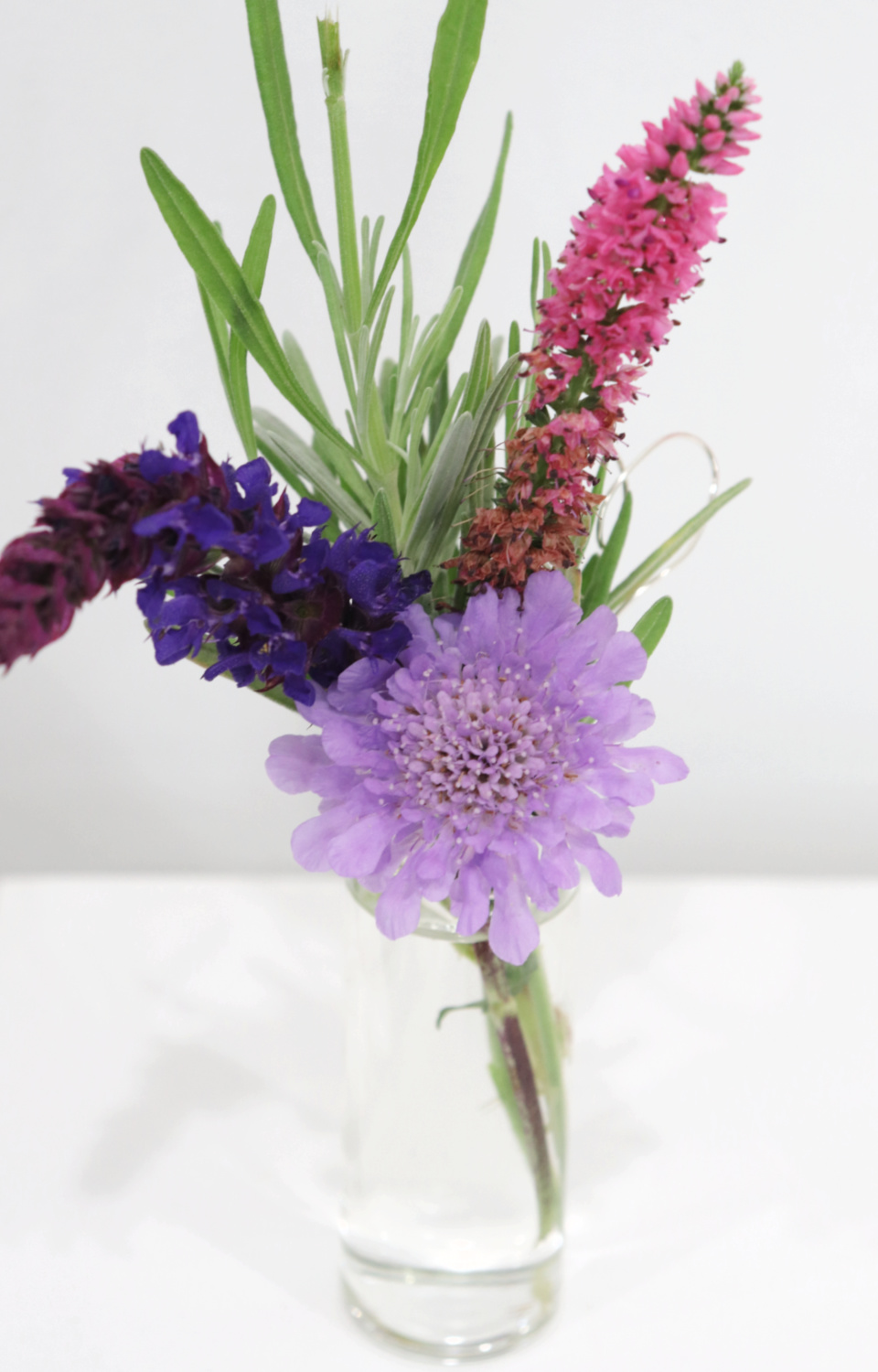 Image contains three small wildflowers and a sprig of lavender in a tiny jar.