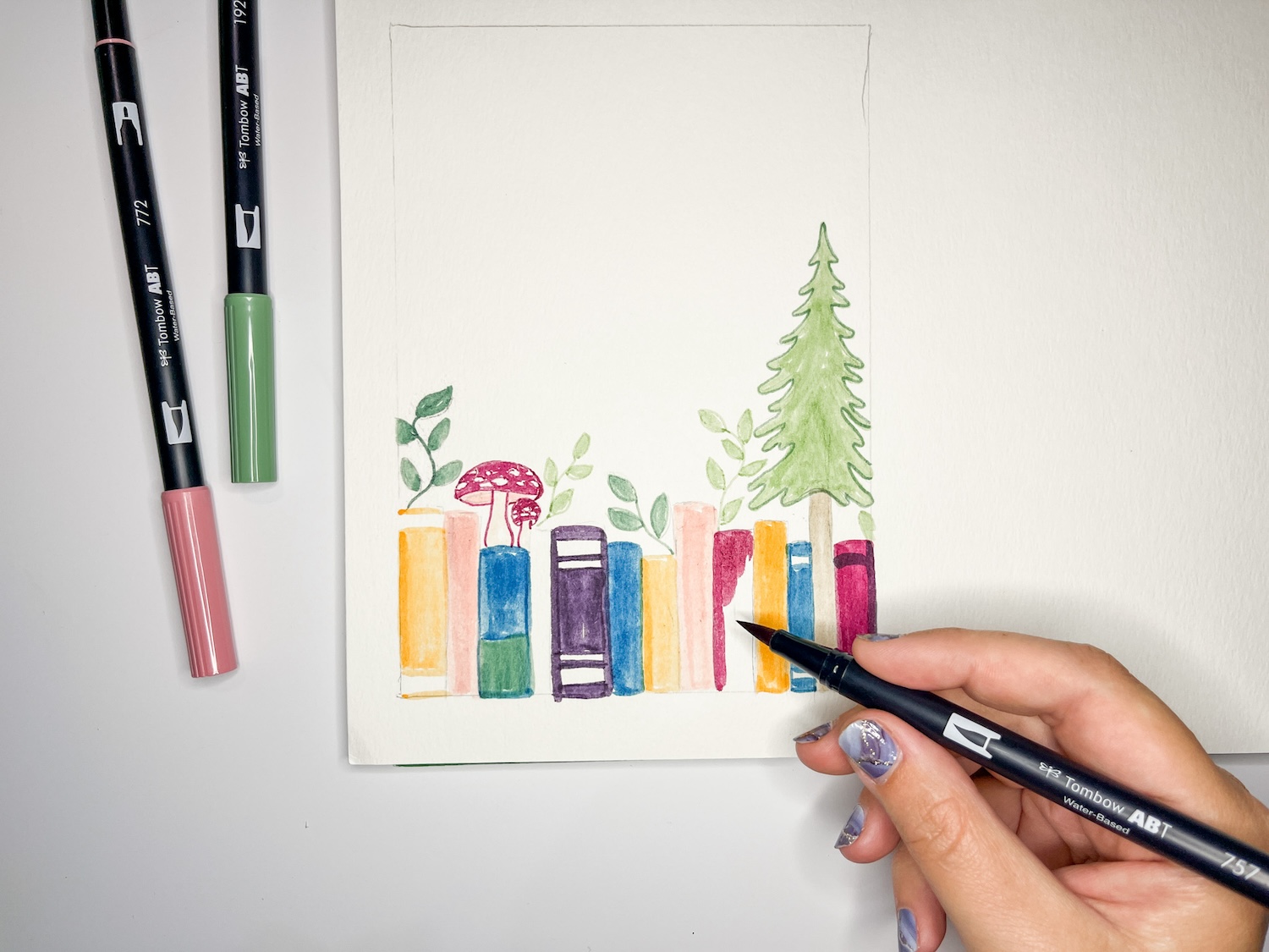 Continue filling in your design with Dual Brush Pens! DIY Book Themed Notepad using @tombowusa Dual Brush Pens