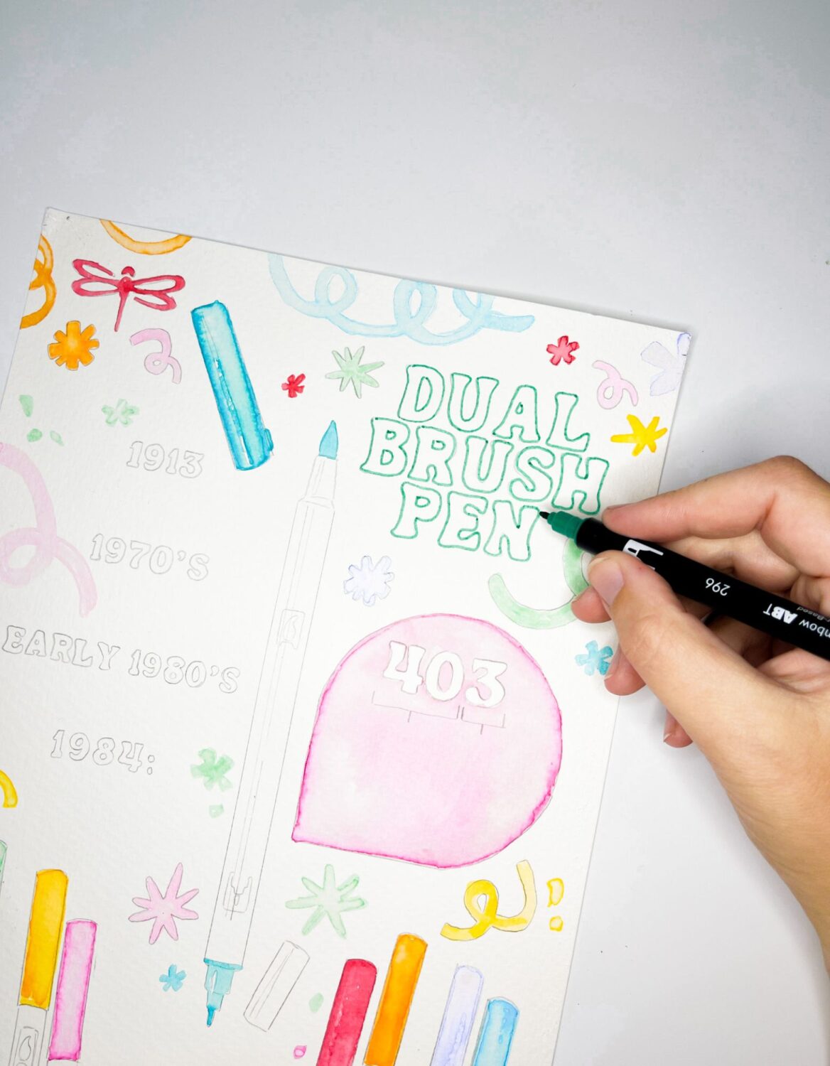 @studiokatie illustrating an infographic of the @tombowusa Dual Brush Pen history