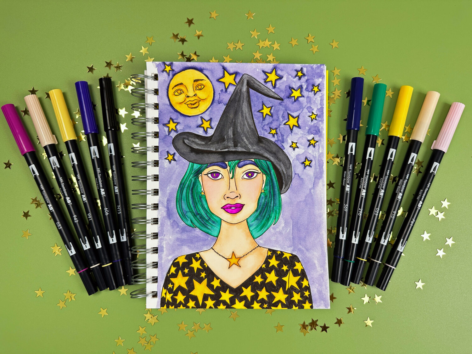 Create a vintage inspired witch illustration with the Tombow Dual Brush Pens. #tombow #halloween