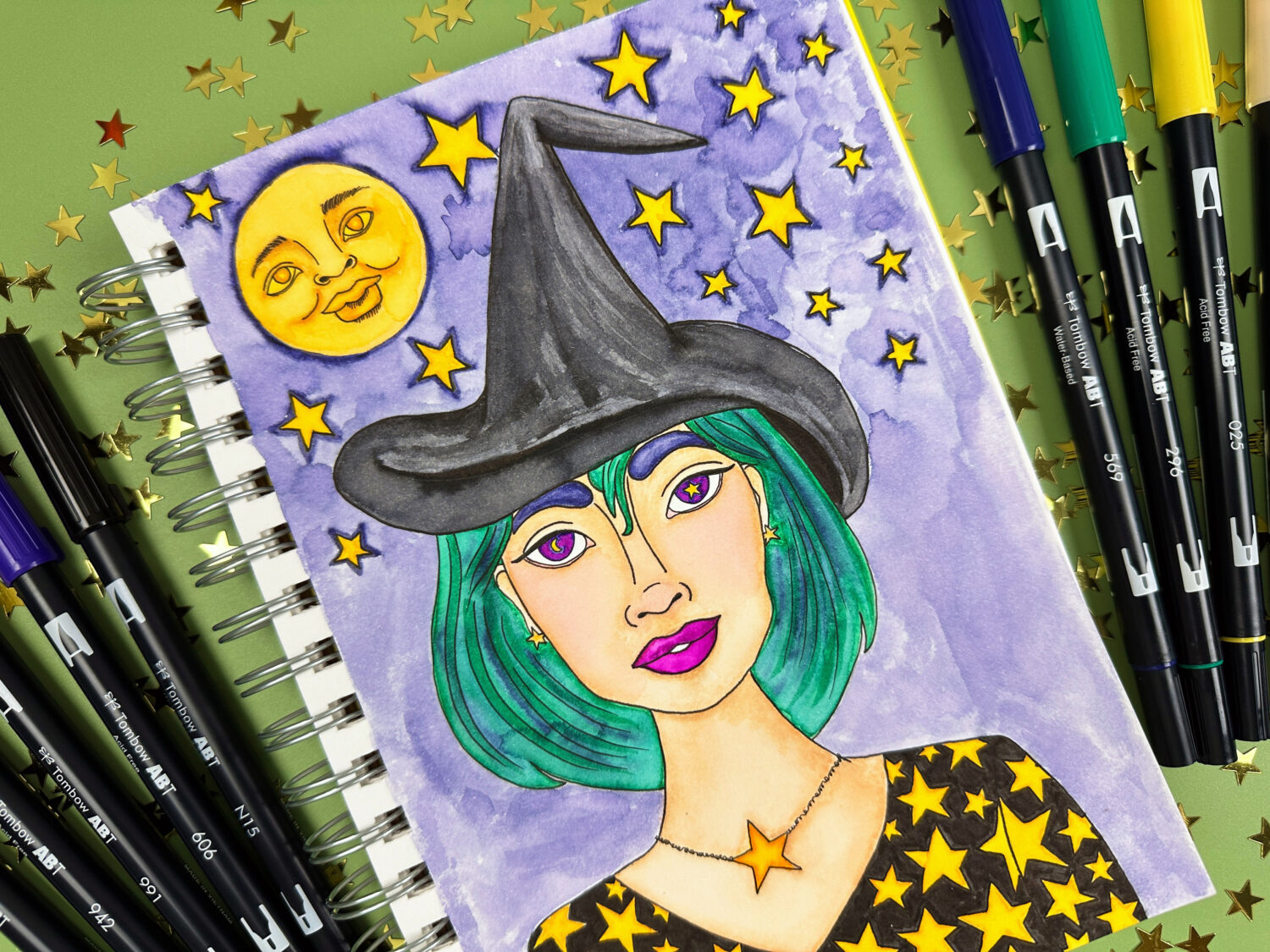 Create a vintage inspired witch illustration with the Tombow Dual Brush Pens. #tombow #halloween