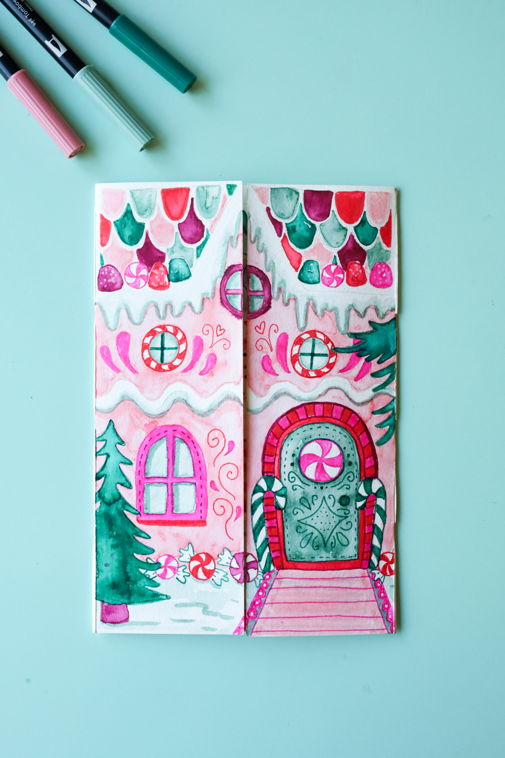 DIY Advent Calendar gingerbread house book using @tombowusa Dual Brush Pens