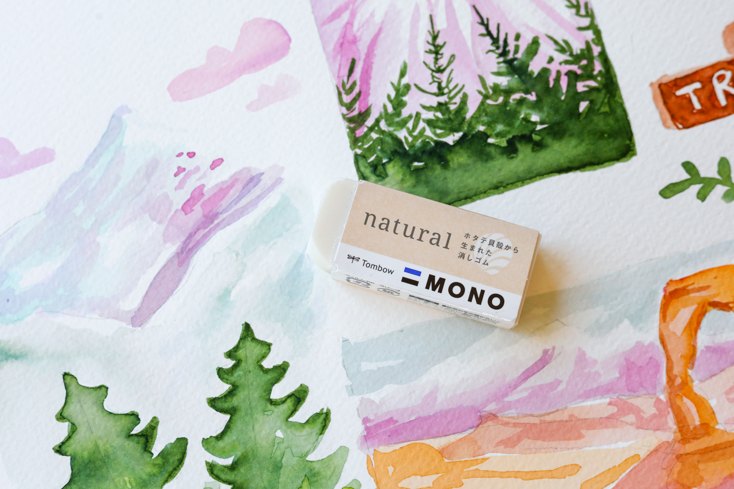 @tombowusa MONO Natural Eraser laying on a watercolor Travel Art. 