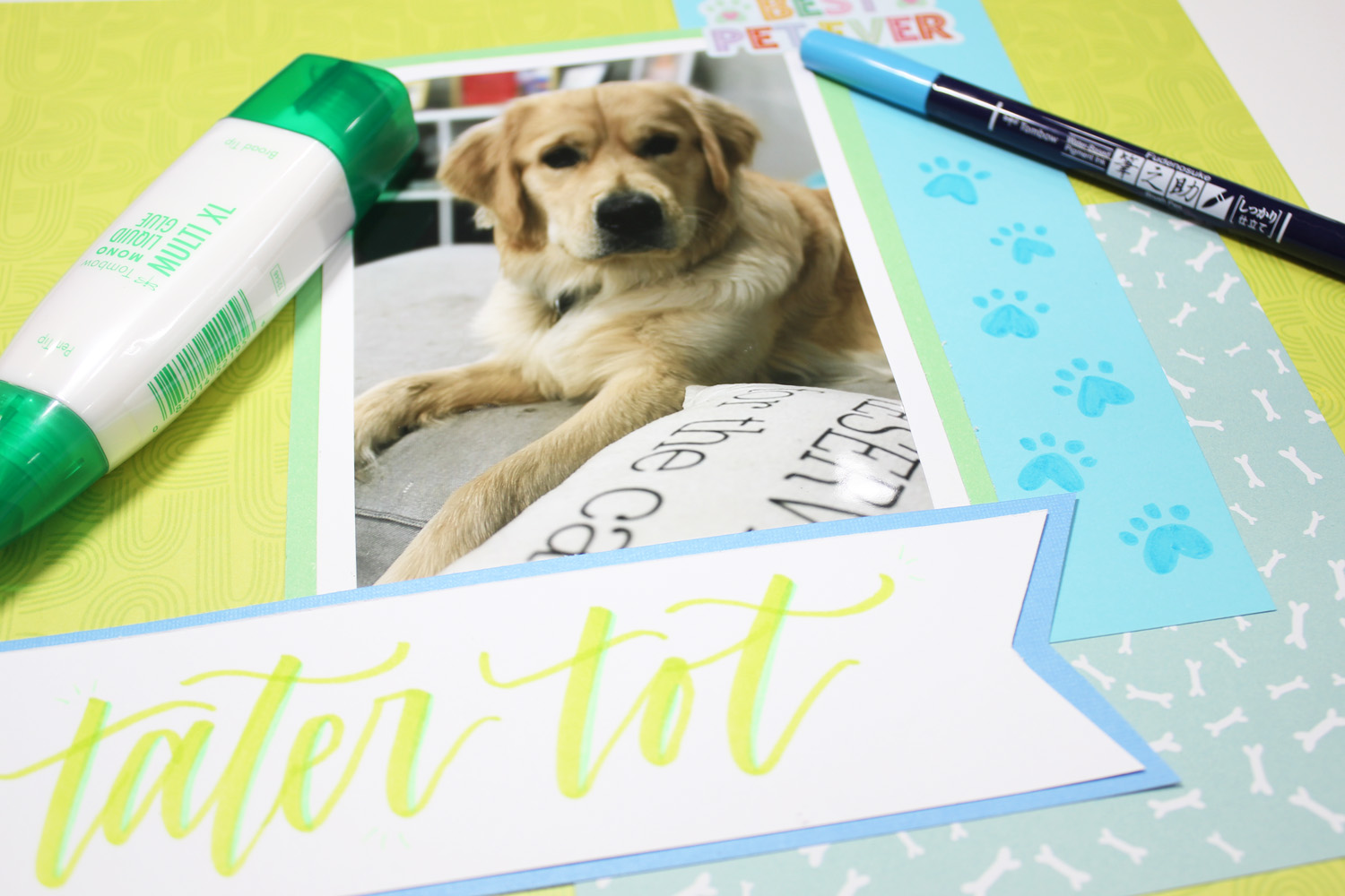 scrapbook page of dog with markers and glue
