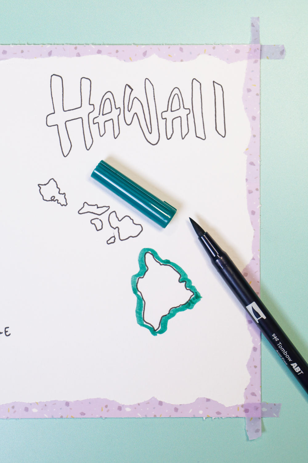 Using Tombow's Dual Brush Pen 346 to color in a DIY Hawaiian Island Map