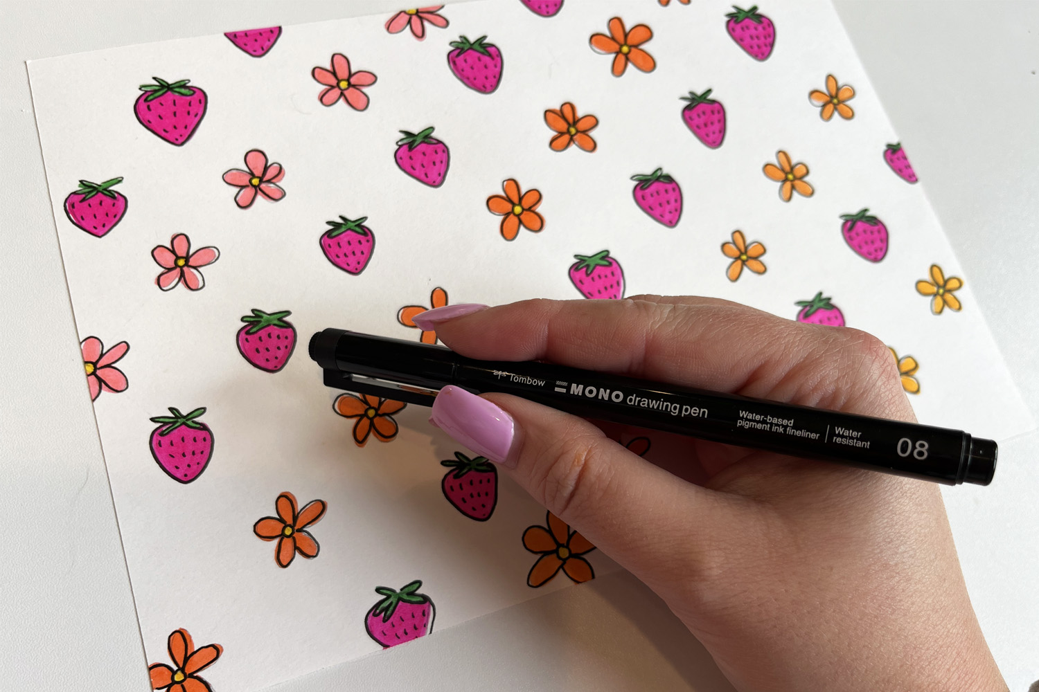 mono drawing pen 08 outline strawberry and flower pattern