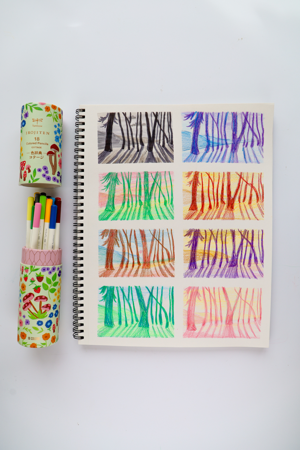 Color Studies on a sketchbook, laying next to Tombow Irojiten Colored Pencil Desk Cup