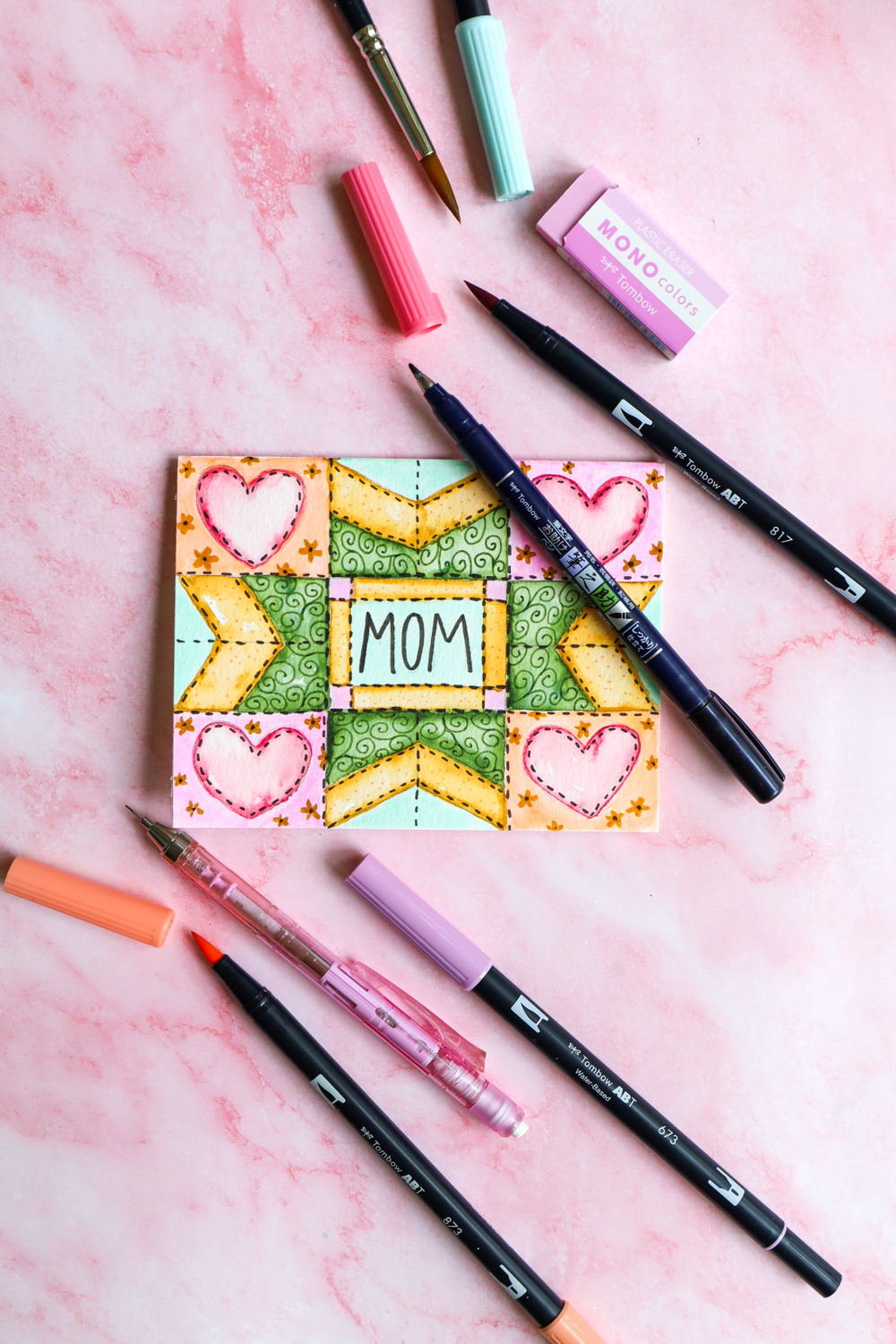 Learn How to Draw a Quilted Mother's Day Card following this tutorial on the Tombow USA blog using Dual Brush Pens!
