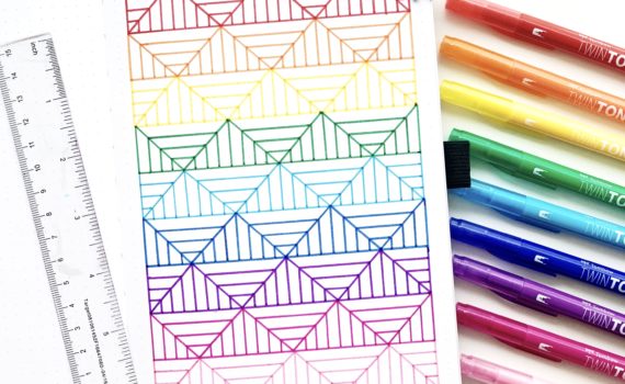 Learn how to create this colorful geometric pattern in your dot grid notebook with Adrienne from @studio80design!