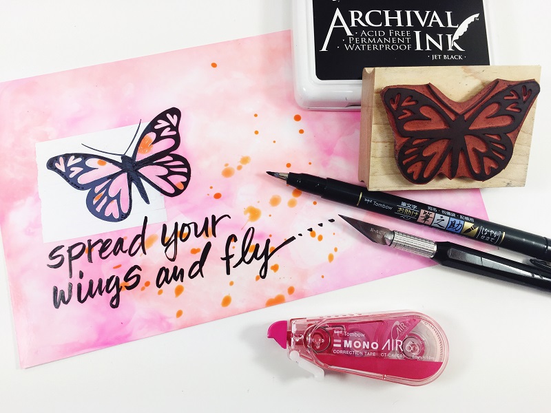 5 Unique techniques using Tombow MONO Air Correction Tape in your Mixed Media Projects including doodles, wood, glass, photo paper and gift bags.