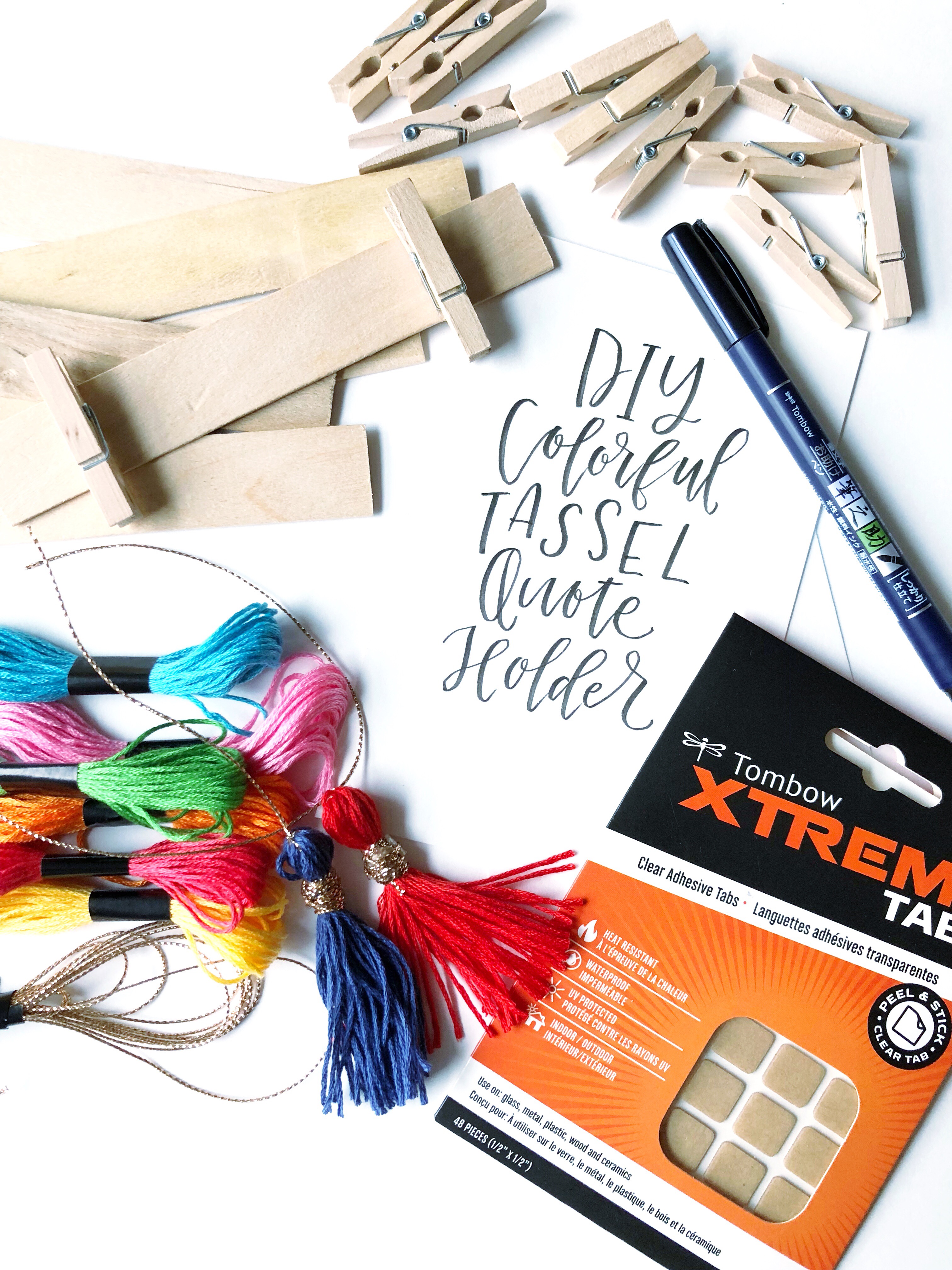 Lauren Fitzmaurice of @renmadecalligraphy shares step by step directions on how to create your own DIY colorful Tassel Quote Holder.