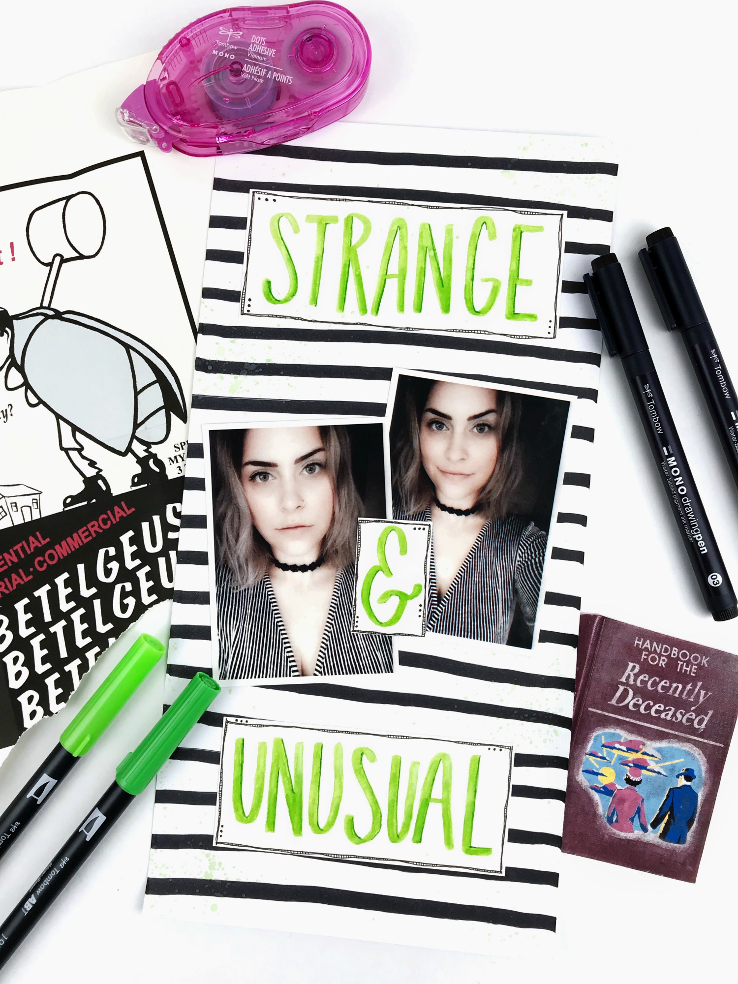 How to create a Beetlejuice inspired layout using @tombowusa Dual Brush Pens and Twintone markers @serena_bee #tombow #dualbrushpens