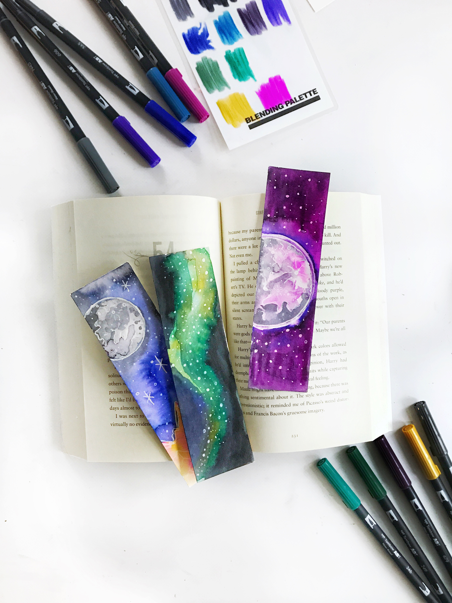 Learn how to create some Bohemian Watercolor Galaxy Bookmarks using this tutorial by @studiokatie and Bohemian Dual Brush Pens from @tombowusa #tombowusa #tombow #bookmarks