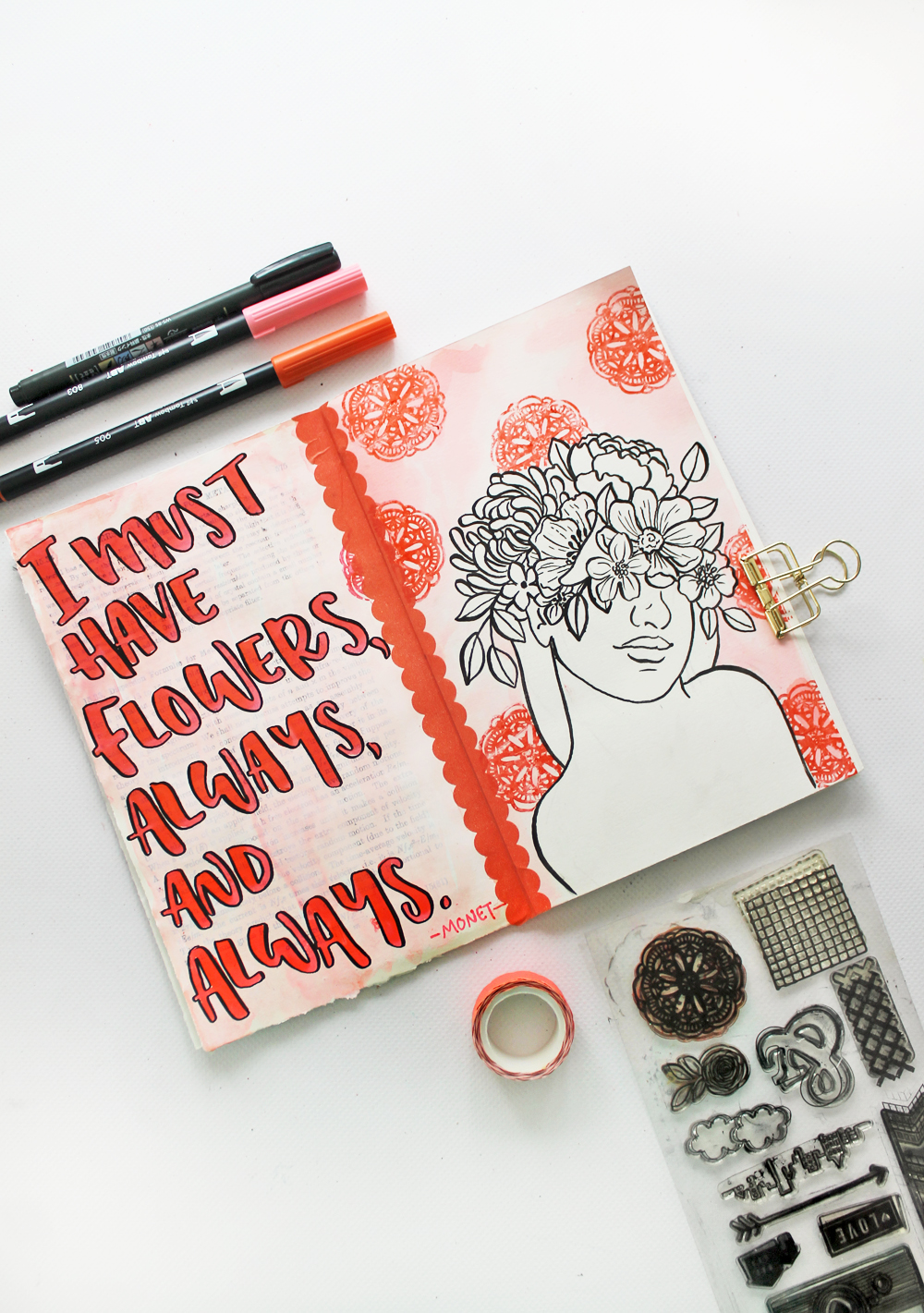 Learn how to make a Monochrome Art Journal Page in Pantone's 2019 Color of the Year, Living Coral, with @tombowusa & this tutorial by @studiokatie #tombowusa #tombow