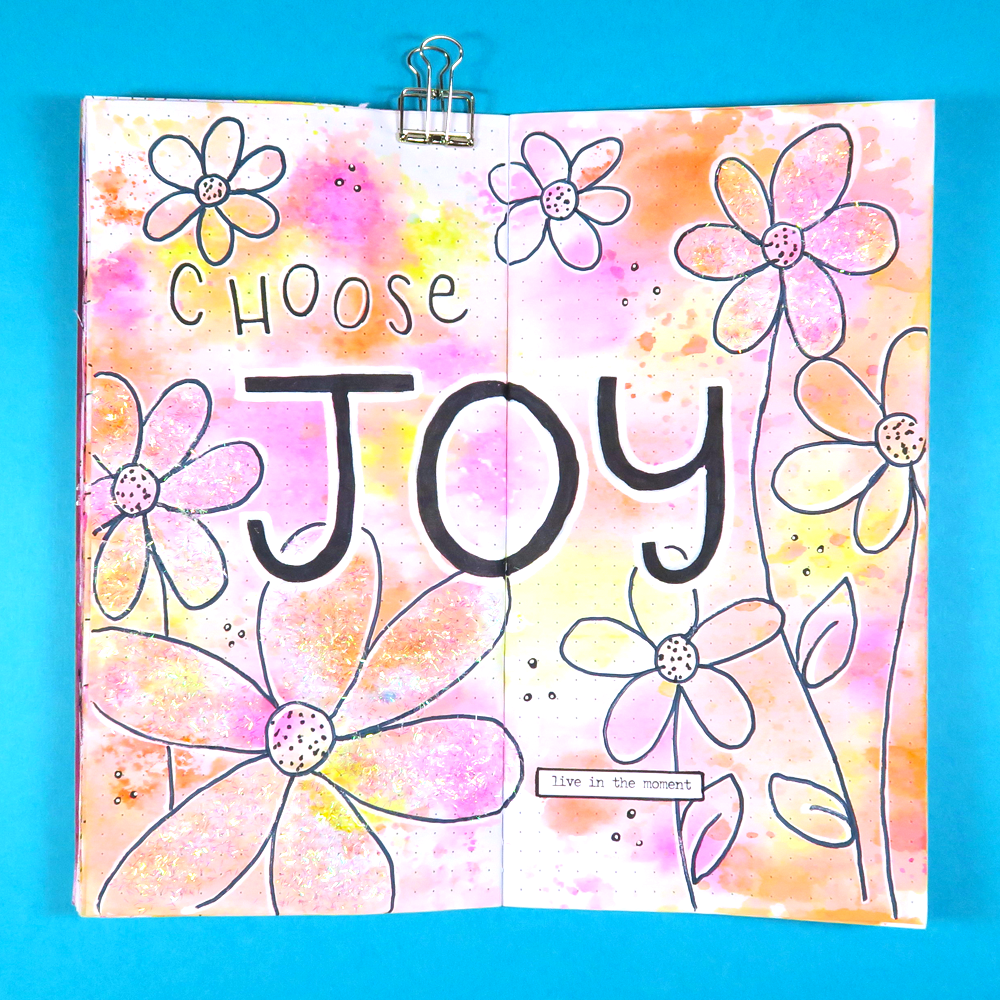 Choose Joy Art Journal Spread in a Travelers Notebook with @tombowusa @popfizzpaper