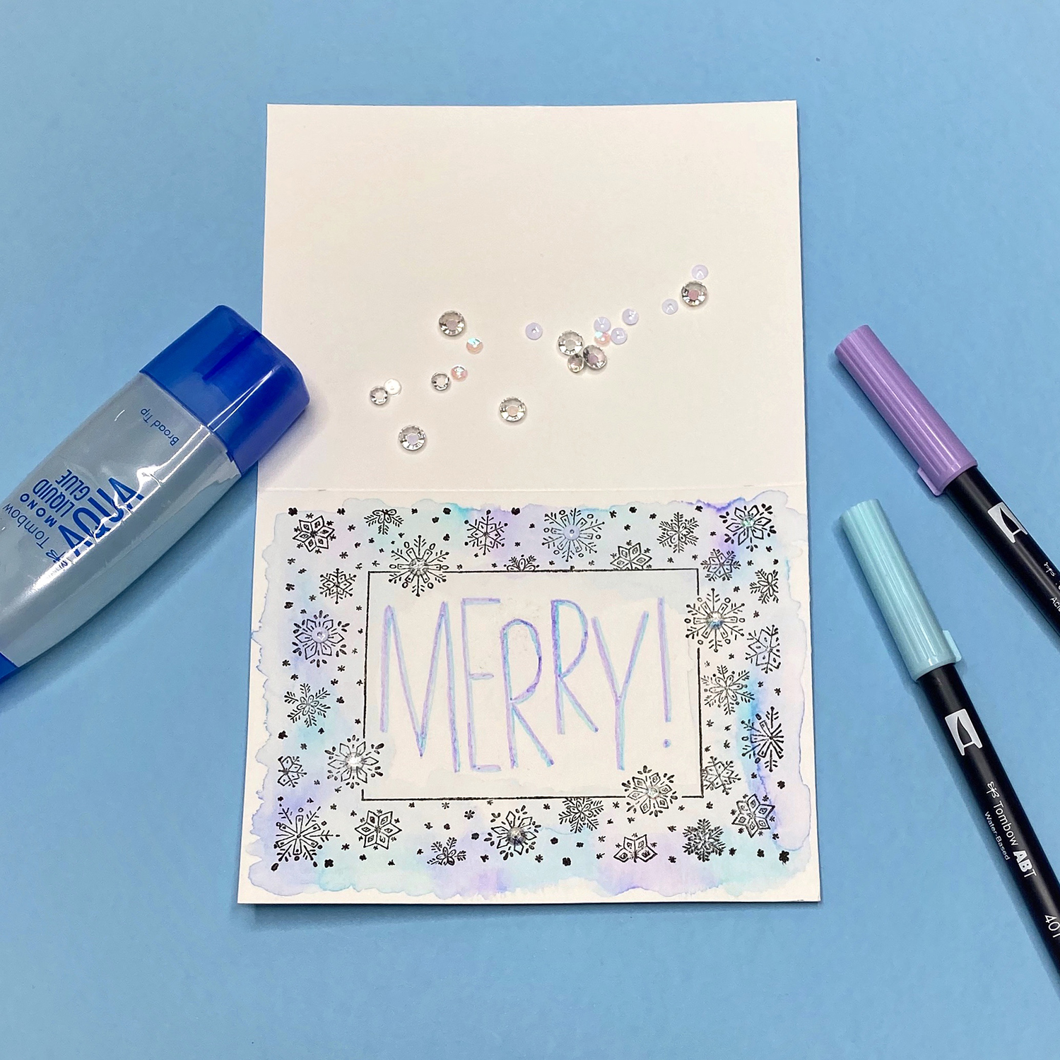 Easy Snowflake Cards with Tombow and Whimsy Stamps by Jessica Mack on behalf of Tombow